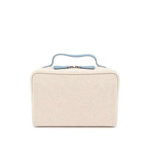 A cream-colored felt makeup bag with a light blue top handle and zipper pull, shown against a plain white background.