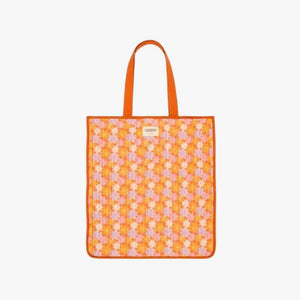 An orange and pink patterned reusable tote bag with orange handles, shown against a plain white background.