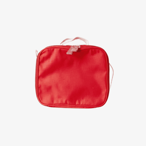 A bright red zippered travel pouch or toiletry bag with a light beige top handle and a small pink zipper pull, shown against a plain white background.