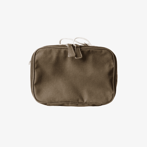 An olive green canvas travel pouch with a top zipper, featuring a cream-colored top handle and textured brown zipper pulls, shown against a plain white background.