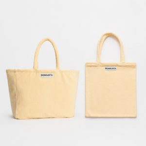 Two beige tote bags with 'BONGUSTA' label on a light gray background