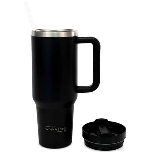 Stainless Steel Tumbler with Plastic Straw - 1136 ml / Black